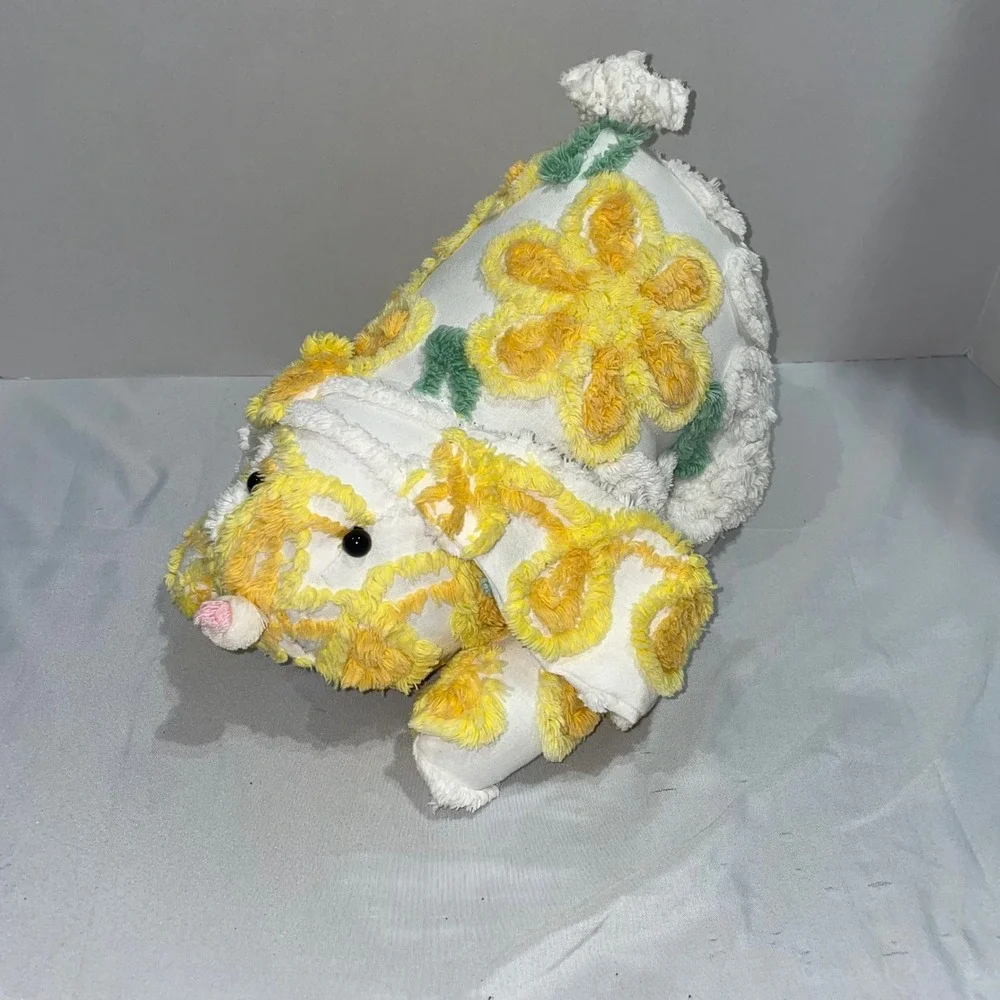 Vintage Chenille Bunny Rabbit Plush Yellow Floral Tufted Stuffed Animal Easter